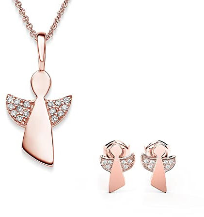Schmuckset Mädchen Rosegold (Silber 925 vergoldet) Engel Kette Kommunion Geschenke für Mädchen Schmuck Schutzengel Kette Kinder Geburtstag Taufe Geschenke zur Geburt Kinderkette Halskette Ohrringe