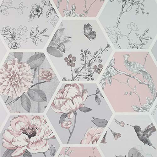 Arthouse Chinoise Decoupage Pink Grey Geometric Birds Floral Patchwork Wallpaper 908904