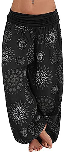 Haremshose Damen Pumphose Weite Bein Hosen mit Blumenmuster Sommer Beiläufig Yogahosen Loose Hippie Pluderhose Baumwolle Harem Hosen Kurz Pumphose 3/4 Baggy Hose Leichte Hippie Pluderhose