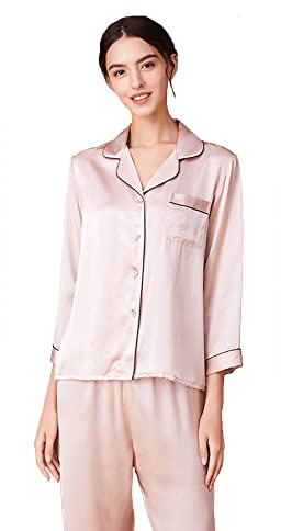 dinavian Camisón de Seda para Mujer 100% Seda Natural de Morera Pura Conjunto de Pijama de Seda Ropa de Dormir para Damas con Caja de Regalo, champán, M