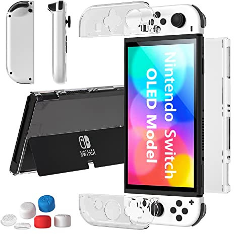 Teyomi Dockable Hülle Kompatibel mit Nintendo Switch OLED Modell 2021,Switch OLED Case Clear,Soft TPU Joy-Con Griff Cover and Hard PC Schutzhülle für Nintendo Switch OLED with 6 Stück Joystick Kappen