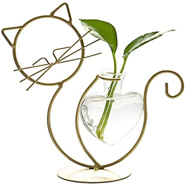 Terrarium moderne en métal en forme de chat avec vase en verre en forme de cœur, vase hydroponique, station de propagation des plantes, pour décoration de maison et de bureau (doré, chat assis)