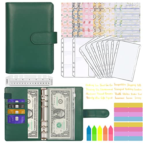 MARICATO Carpeta de Presupuesto A6, Libro Doméstico Sobres de Dinero, 29 Piezas Bolsas Transparentes con Cremallera, Hojas con Pegatinas, Índice, Regla, Planificador Financiero, Verde Oscuro