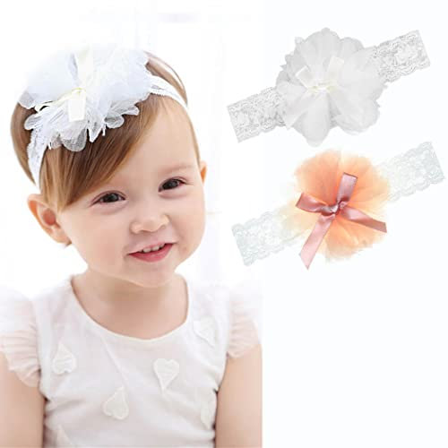 Fashband Baby Girls Headbands Elastic Lace Flower Hairband White Soft Hair Accessories for Newborn Infant Toddler(Pack of 2)