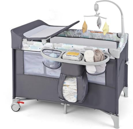BABY JOY 5-in-1 Pack and Play, Portable Baby Bedside Sleeper with Bassinet, U-Shaped Diaper Changer, Safety Strap, Side Zipper Entrance, Hangings, Bedside Crib Playard from Newborn to Toddlers (Gray)