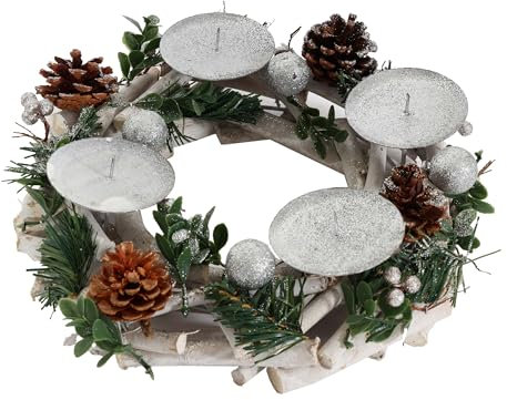 Adventskranz HWC-M12, Adventsgesteck Tischkranz Weihnachtsdeko Tischdeko Holz Silber weiß Ø 30cm - ohne Kerzen