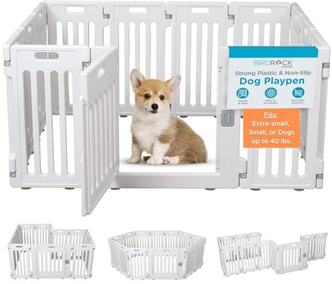 BIRDROCK HOME Pet Playpen with Door | 12 Panel | Strong Plastic | Puppy Safety Fence Pen Playpen | Non-Slip and Secure Dog Gate | White