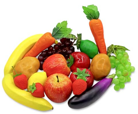 18Pcs Fake Fruits Vegetables Realistic Artificial Frutis Foam Decoration Faux Fruit Lifelike Simulation Vegetable for Home Kitchen Festival Ornament Banana Eggplant Strawberry Carrots Plastic Lemon
