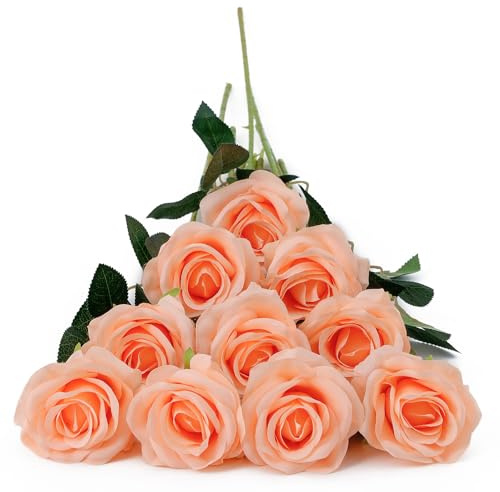 DuHouse 10 st konstgjorda rosor falska silkesblommor falska rosor (persika fuzz)