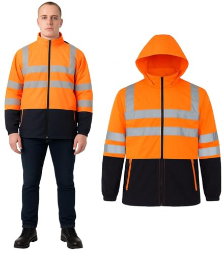 High Visibility Waterproof Safety Jacket for Rain, Hi Viz Workwear Zip Up Hoodie Coat, Outdoor Rain Gear with Adjustable Hood for Men (UK, Alpha, XL, Regular, Regular, Orange/Navy)