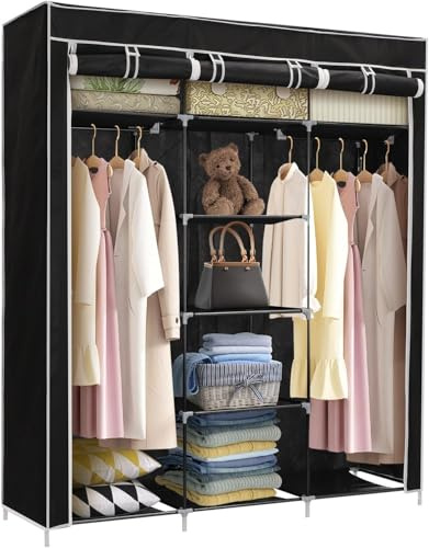 JF HOME BLISS Extra Large Canvas Wardrobe Closet - 175x150x45cm Foldable Fabric Storage Cabinet with Zippered Cover, 5 Shelves & Dual Hanging Rails - Portable Clothes Organizer for Bedroom