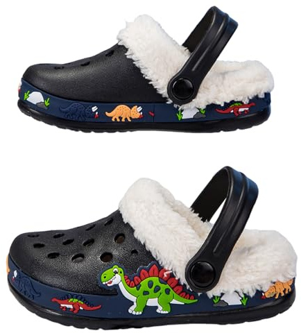 Kids Boys Girls Fur Lined Clogs Winter Warm Plush Toddler House Home Slippers Winter Soft Non-Slip Garden Slip on Adjustable Lightweight Slide Shoes Indoor Outdoor Mules for School & Play Black