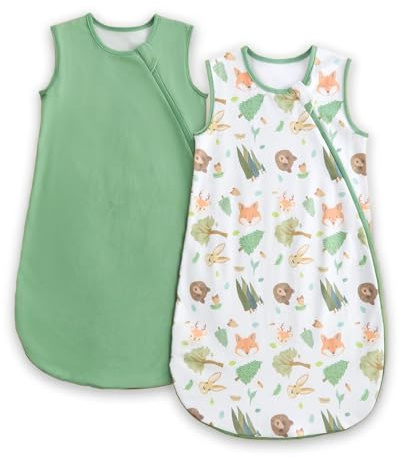 WYTbaby 2 Pack Baby Sleep Sack 1.0 TOG, 100% Cotton Wearable Blanket, 2-Way Zipper Baby Sleeping Bag,Green Fox Print,12-18 Months