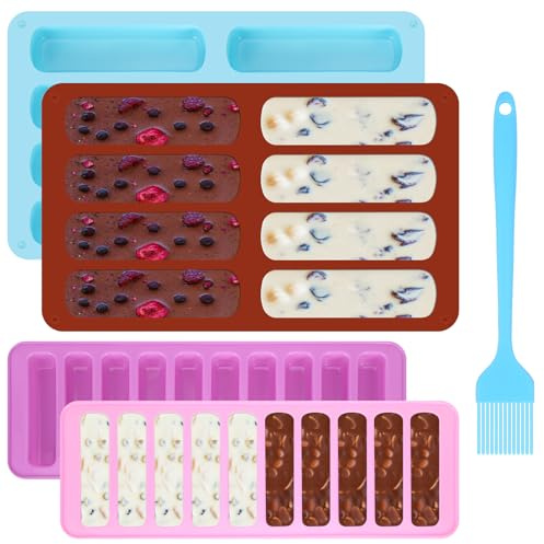 4 pcs Silicone Moulds for Baking 8/10 Cavity Chocolate Bar Moulds | Non-Stick Silicone Chocolate Mould with Pastry Brush for Bread, Cookie, Brownie, Pudding, Butter