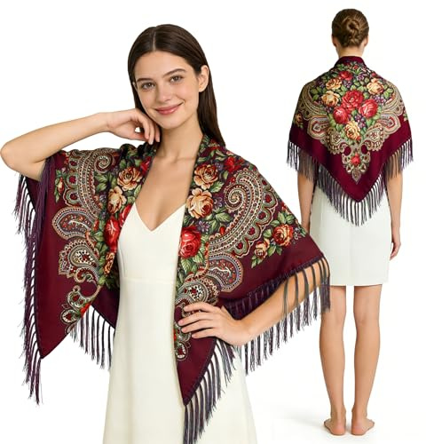Russian Style Muffler Warm Scarf with Tassel Women's Traditional Scarf Wrap Shawl Fringes Printing Cape (Wine Red)