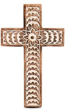 EDHAS Mangoholz, weißes Kreuz, geschnitztes Blumenmuster, Familien-Kreuz-Dekoration, Heimdekoration (25,4 x 15,2 x 1,3 cm)