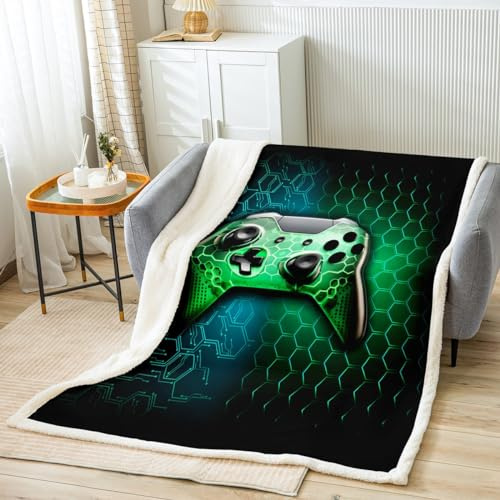Gaming Blanket for Boys Girls Kids Super Soft Warm Gamepad Reversible Sherpa Fleece Blanket Green Hexagon Geometric Throw Blankets Modern Gamer Bed Blanket Gifts for Teens Women(Queen 90x90)