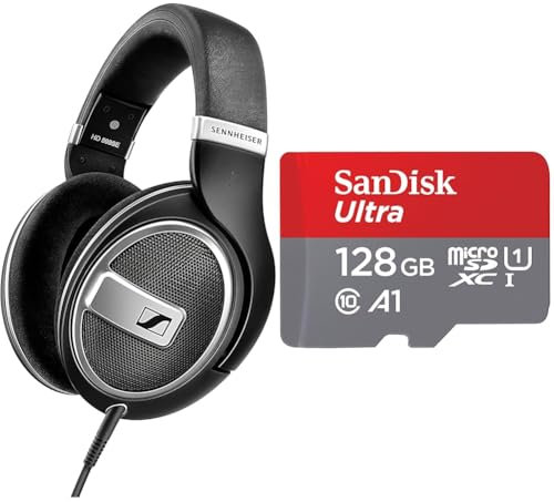 Sennheiser HD 599 Special Edition, cuffie aperte sul retro, nero e scheda di memoria SanDisk Ultra Android microSDXC UHS-I da 128 GB + adattatore