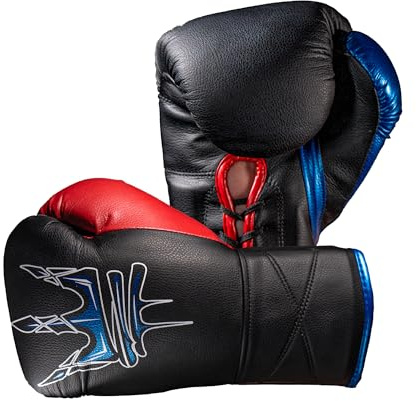 Endangered Fightwear - Guante de boxeo modelo 3 de 8 onzas, color negro, rojo y azul, par de guantes de cuero con cordones para Muay Thai, boxeo y lucha de artes marciales mixtas, disponible en 3
