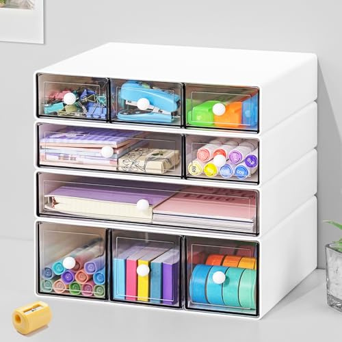 JOENCOST Desk Organizer with 9 Drawers, 4 Tier Plastic Stackable Storage Drawers for Desk Storage, Office Stationary Makeup Organizer Suit for Home Office and School