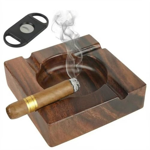 Premium Wooden Ashtray with Cigar Cutter, Large Ash Tray Set with 4 Slot Holder, Ideal Gift for Men