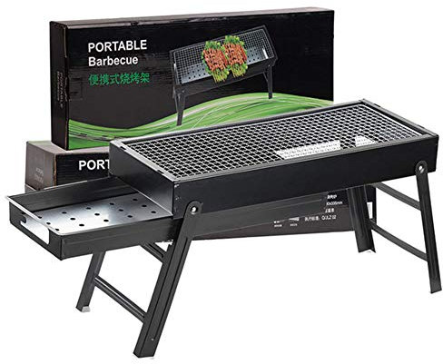 Tragbarer Barbecue-Grill, Holzkohlegrill, Edelstahl-Klappgrill, tragbarer Grill, Grillschublade für die Familien-Grillparty im Freien im Garten für 5-10 Personen mit verchromtem Grillrost (schwarz)