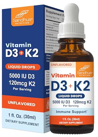 Sandhu's Vitamin D3 K2 Drops for Adults | 5000 IU D3 Liquid, 120mcg K2 Supplement 1 Fl Oz (Pack of 1) | D3K2 Supports Superior Absorption, Energy, Immune, Muscle Health for Men & Women