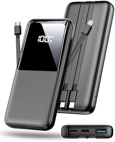 Power Bank Fast Charging, 15000mAh Portable Charger with Built-in Cables, USB-C Powerbank with LED Display & 4 Outputs, Battery Pack Compatible with iPhone 16 15 14 13 Android and more, Black