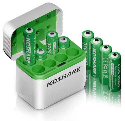 Lot de 8 piles rechargeables AA au lithium avec chargeur, 1,5 V, 3700 mWh, haute capacité, lithium-ion double A, rechargeables jusqu'à 1200 fois (blanc + vert, 8AA + 8 emplacements de charge)