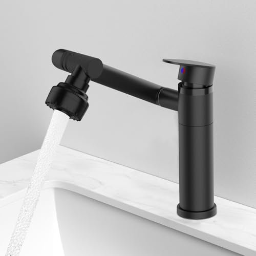 Robinet Cuisine, Mitigeur de Lavabo en Acier Inoxydable avec L'eau Froide et Chaude Disponible, Pivotant à 360°, Livré avec 2 Flexibles Tuyaux G3/8, Robinet Salle Bain avec Douchette de Cuisine