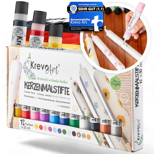 Krevo Art Set med färgpennor för ljus, 12 x 30 ml, lysande färger för kreativ konst, pennor och målning för att dekorera och måla ljus, perfekt