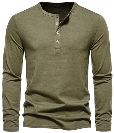 Iris Sprite Men's Casual Henley Long Sleeve T-Shirt Pullover Slim Fit Shirts Half Buttons Collarless Polo T Shirts Spring Autumn(Green,XXL)