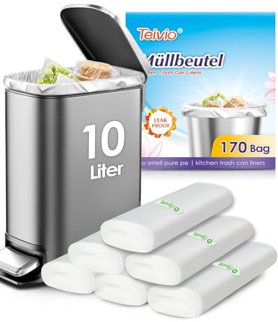 Teivio Sacchetti per la spazzatura da 10 litri, 170 pezzi, in plastica spessa, per bagno, cucina, ufficio, adatti per bidoni della spazzatura da 7,5-10 l, trasparenti