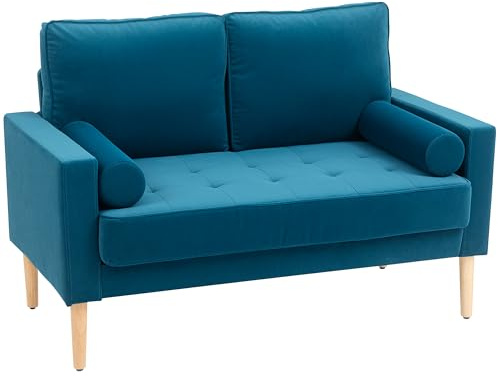 HOMCOM Canapé 2 Places canapé Moderne en Velours 127 cm, Coussins à Ressorts épais, Pieds en Bois d'hévéa, 2 oreillers et Assise capitonnée, Banquette 2 Places pour Salon, Chambre, Petit Espace, Bleu