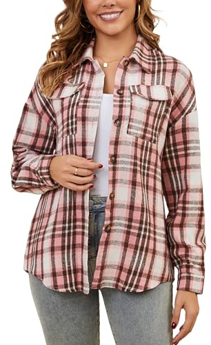 Enjoyoself Chemisier Carreaux Femme Coton Chaud Thermal Chemise Bucheron Western Décontractée Classique Retro Ecossaise Coton Flanelle Blouse Gilet T Shirt Taille Grand Casual Rose M