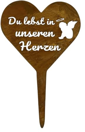 MOAZIFI Grabschmuck Wetterfest, Engel sdesign, Grabengel Herz mit Spruch „Du lebst in unseren Herzen“, Metall Grabstecker Engel für Grab, Grabdeko & Grabdekoration für Friedhof, Urnengrab und Garten
