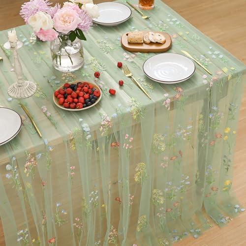 Horaldaily Embroidery Flower Green Tablecloth 60×84 Inch Rectangular