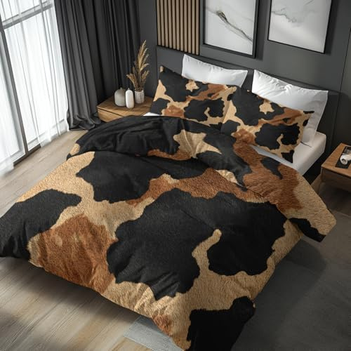 Generisch Kuhfell Bettwäsche 220x240 3tlg, 2 Kissenbezüge 80x80 - Rustikal Kuhflecken Design Wendebettwäsche, Weiche Mikrofaser Bettbezug mit Reißverschluss, Deko & Geschenke E52