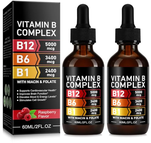 Vitamin B Complex Liquid Drops, 60ml | with Vitamin B12, B6, B1 and Folate, for Metabolic Health Support, Immune Support, Energy Levels, Brain Heart Function, for Men & Women | 2pcs