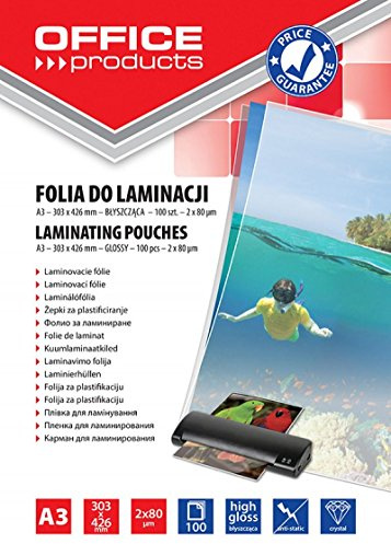 OFFICE PRODUCTS Fogli Plastificatrice A3 / 2 x 80 Micron/Confezione da 100 pezzi/Pouches per plastificazione per documenti/Finitura Lucida/Foglio di Laminazione