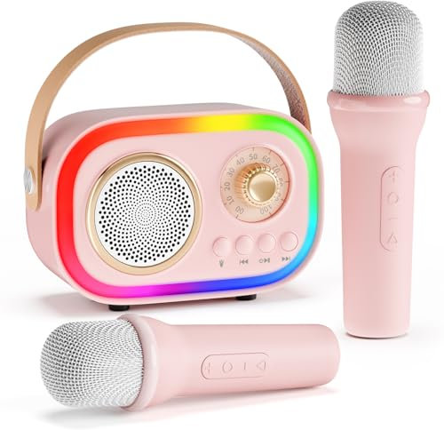 Upgrade Karaoke Maschine mit 2 Karaoke Mikrofon für Kinder Erwachsene, Karaoke Mikrofon Kinder mit 5 LED & 12 Stimmeffekten, Geburtstagsgeschenk Weihnachten Geschenk Spielzeug Mädchen 3-18 Jahre