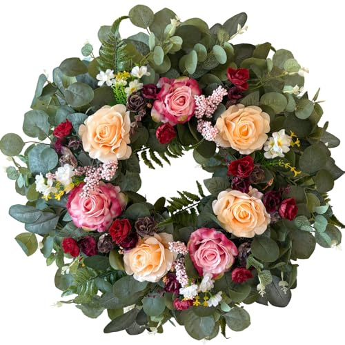 WANNA-CUL 24 Inch Spring Wreaths for Front Door,Spring Mothers Day Wreath Gifts Decorations with Pink,Champagne, Burgundy Rose and Eucalyptus Leaves for Valentines Day,Wedding or Indoor&Outdoor Decor