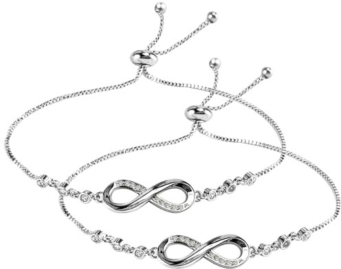 SwirlColor 2 Infinity Bracelets, Silver Adjustable Elegant Tennis Bracelet for Women Wife Mother Girls Friends Girlfriends, with 1 Jewelry Box