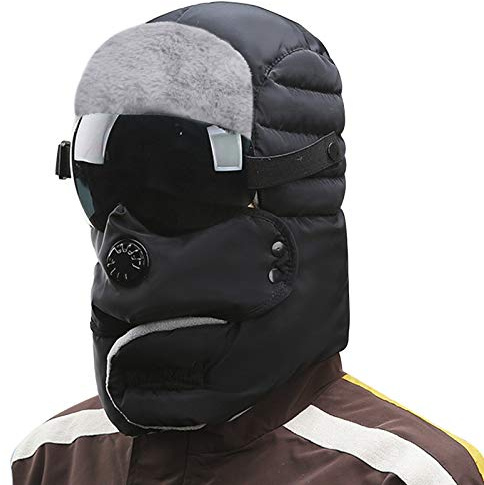 Windproof Full Cover Balaclava with Glasses Men Women Winter Thermal Plush Lining Ski Camping Full Hood Earflap Cap Snowproof Hunting Trapper Hat Cycling Bike Ushanka Russian Hat Black