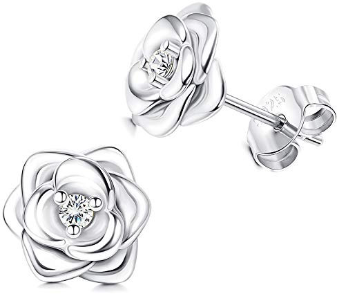 Sllaiss Rosen Ohrringe Set Mit Österreich Zirconia - 925 Sterling Silber Ohrstecker für Frauen, 18K Gold Weißgold Blumen Design, AAAAA Zirconia