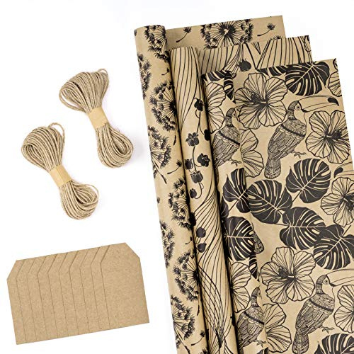 RUSPEPA Rotoli Di Carta Da Regalo Con Etichette, Filo Di Iuta - 43cm X 3m Per Rotolo, Totale Di 3 Rotoli, Fiori Neri