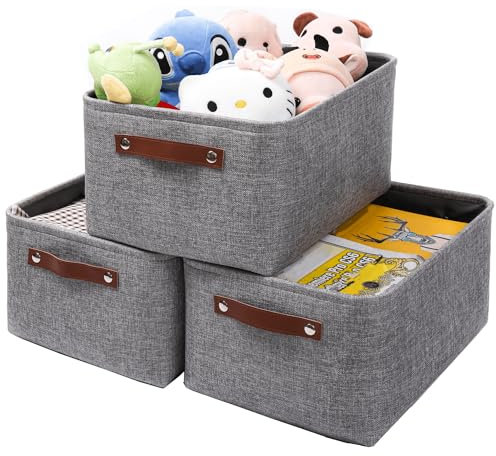 Mangata Grau Aufbewahrungskörbe mit Ledergriff, Verdicktes Canvas-Stoff Aufbewahrungsbox für Spielzeug, Kleidung, Zuhause, Regale (3er Set, L)