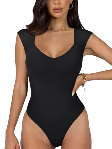 REORIA Women's Summer Sexy Casual V Neck Double Lined Seamless Sleeveless Slimming One Piece Leotards Going Out Trendy Tank Top Tees Thong Bodysuits Black Medium