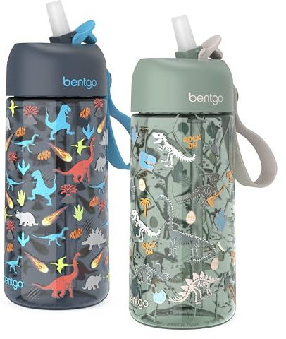 Bentgo Kids Water Bottle 2-Pack - Leak-Proof Durable Tritan BPA-Free 15 oz Cup for Kids/Toddlers Ages 3+; Bite & Sip Spout + Dishwasher Safe for School/Sports/Daycare/Camp (Dinosaur/Dino Fossils)