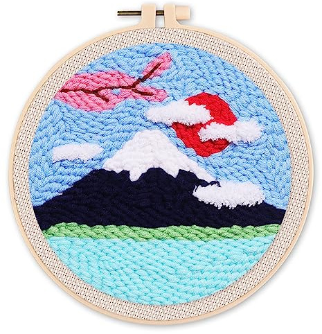 Figured'Art Punch Needle Kit Complet pour Adultes et Enfants - Le Mont Fuji et Cerisier - Parfait pour Débutant. Set prêt à broder taille 20x20cm avec cadre circulaire